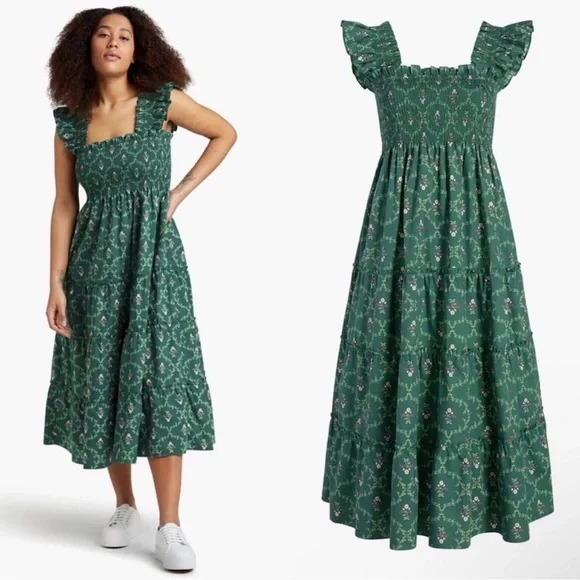 Hill House Ellie Nap Dress Cottagecore Emerald Trellis Floral Size Small - Picture 3 of 7